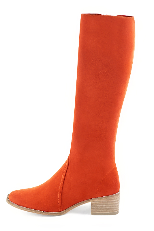 Clementine orange women's riding knee-high boots. Round toe. Low leather soles. Made to measure. Profile view - Florence KOOIJMAN